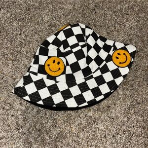 Reversible Kids Checkered Hat with Smiley Accents